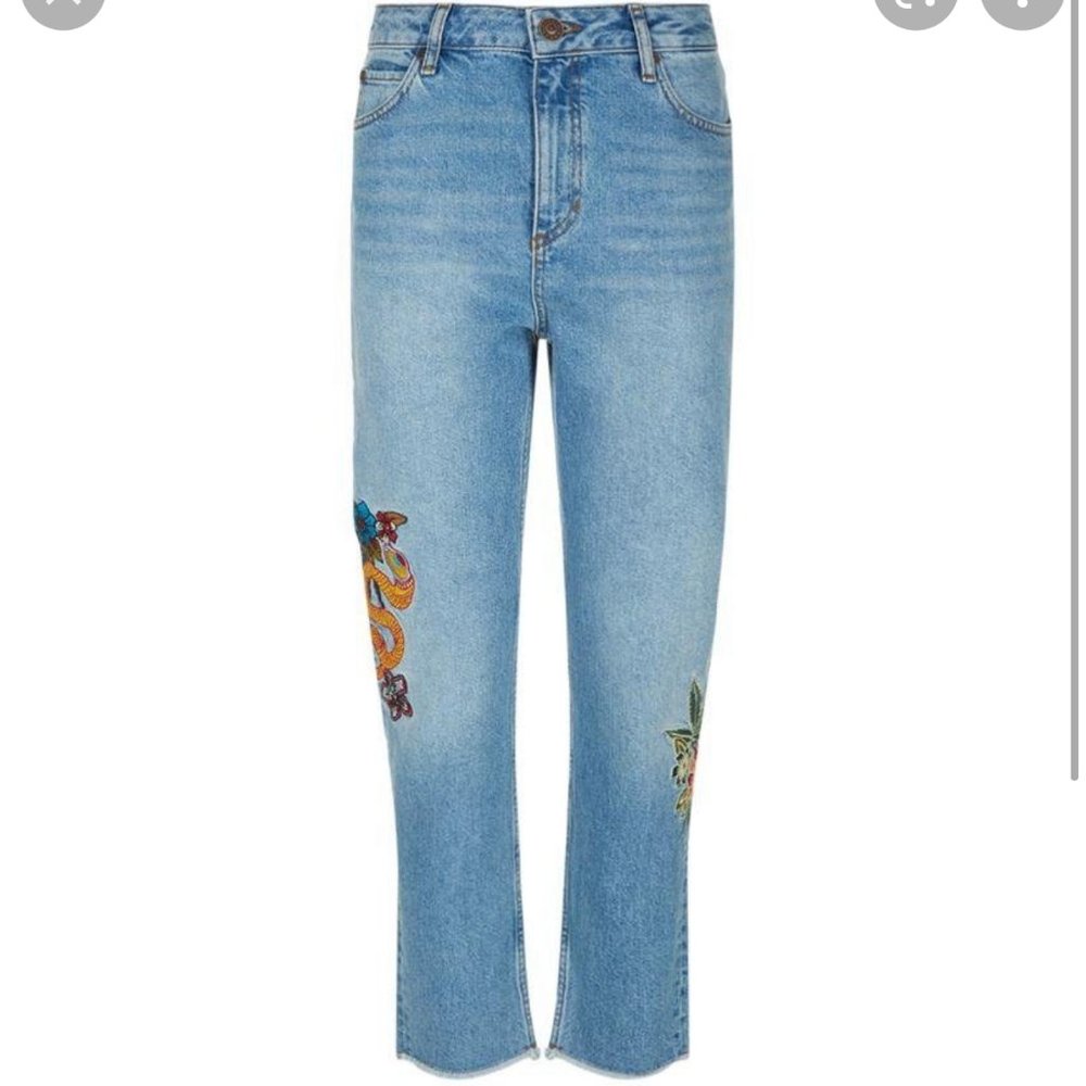 Sandro Blue Vintage Denim Basil Floral Cropped Straight Leg Jeans, Size L.